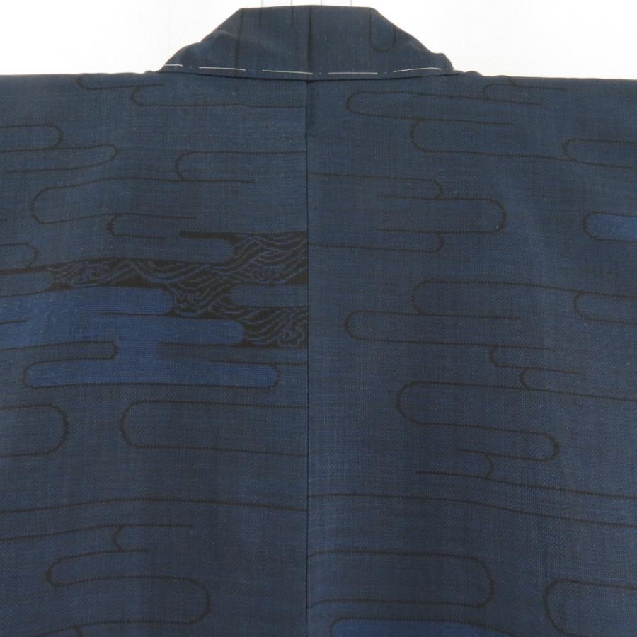 紬 着物 大島紬 九マルキ 霧に波模様 黒色x紺色 袷 広衿 正絹 
