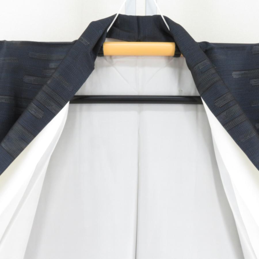 紬 着物 大島紬 霧模様 黒色x紺色x緑色 袷 広衿 正絹 カジュアル  