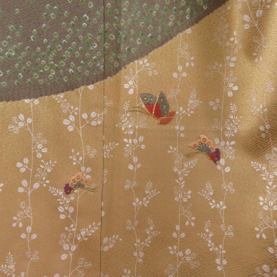 訪問着 絞り 刺繍入り 茶色ｘ辛子色 蝶々と流水に萩紋様 一つ紋 パールトーン加工入り 広衿 正絹 仕立て上がり着物 身丈158cm 【キモノオフ野々市若松店】 訪問着 絞り 刺繍入り 茶色x辛子色 蝶々と流水に萩紋様 一つ紋 パール
