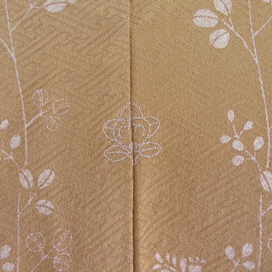 訪問着 絞り 刺繍入り 茶色x辛子色 蝶々と流水に萩紋様 一つ紋 パール