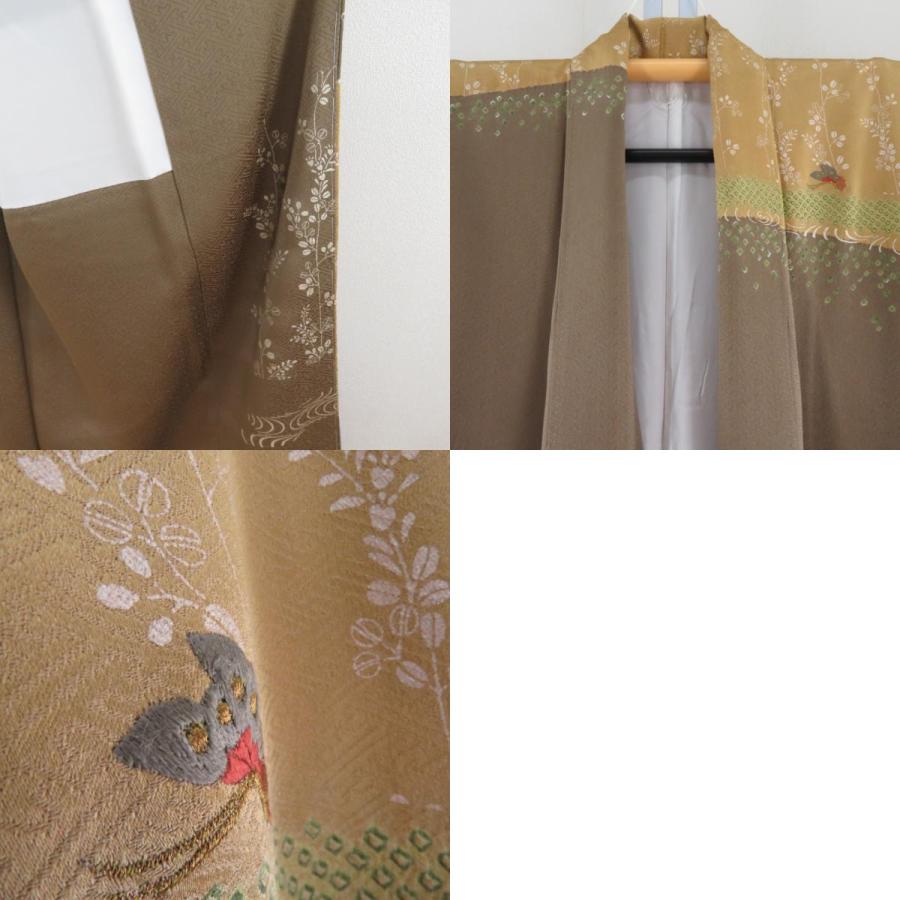 訪問着 絞り 刺繍入り 茶色ｘ辛子色 蝶々と流水に萩紋様 一つ紋 パールトーン加工入り 広衿 正絹 仕立て上がり着物 身丈158cm 訪問着 絞り 刺繍入り 茶色x辛子色 蝶々と流水に萩紋様 一つ紋 パール