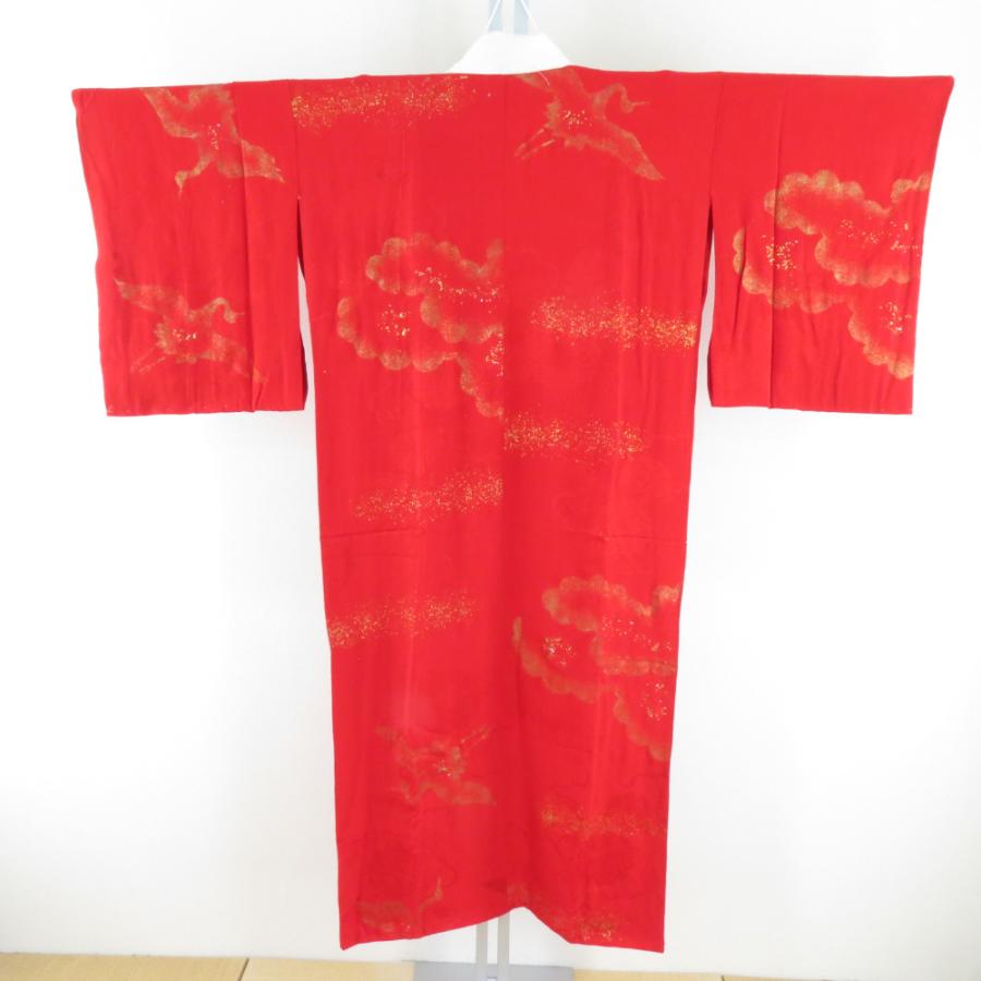 襦袢 アンティーク 長襦袢 正絹 菊に鶴模様 地紋入り 紅絹 箔入り 広衿