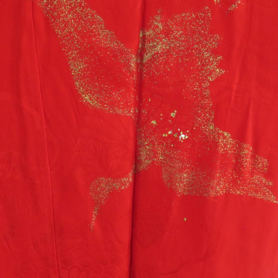 襦袢 アンティーク 長襦袢 正絹 菊に鶴模様 地紋入り 紅絹 箔入り 広衿