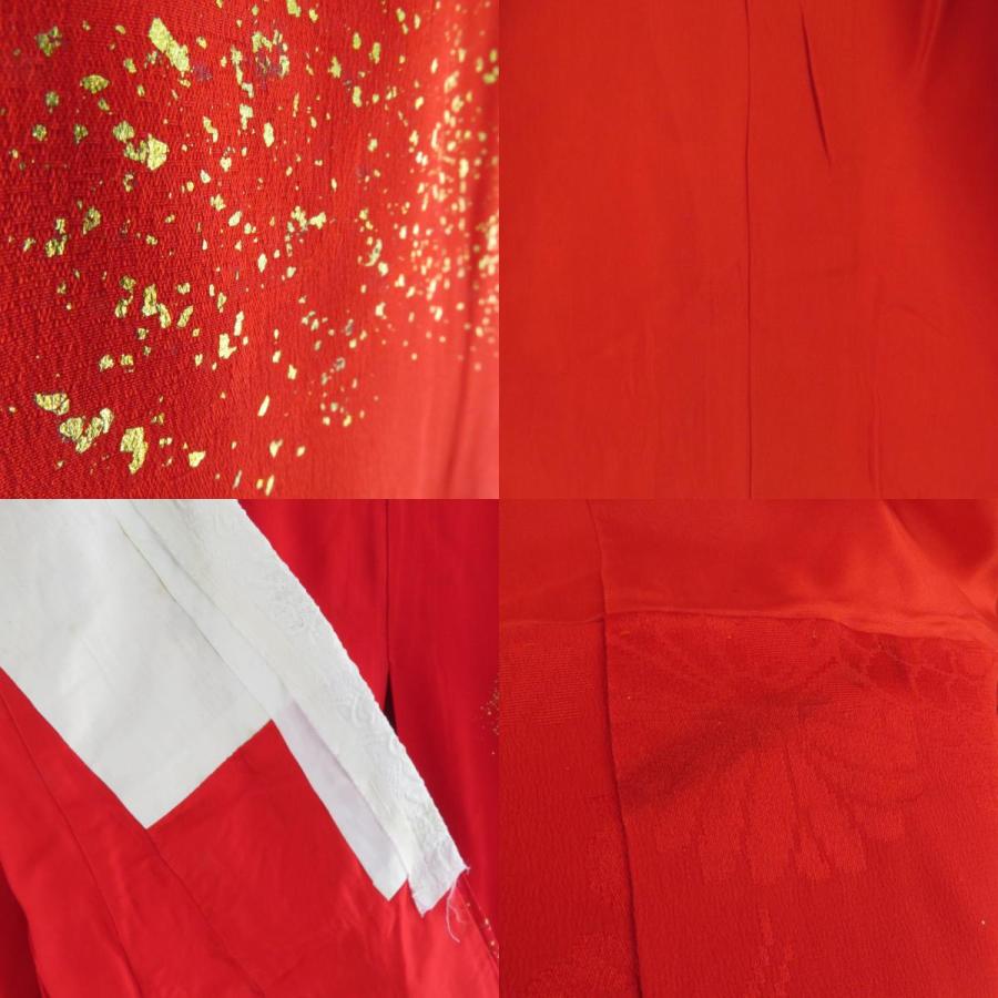 襦袢 アンティーク 長襦袢 正絹 菊に鶴模様 地紋入り 紅絹 箔入り 広衿