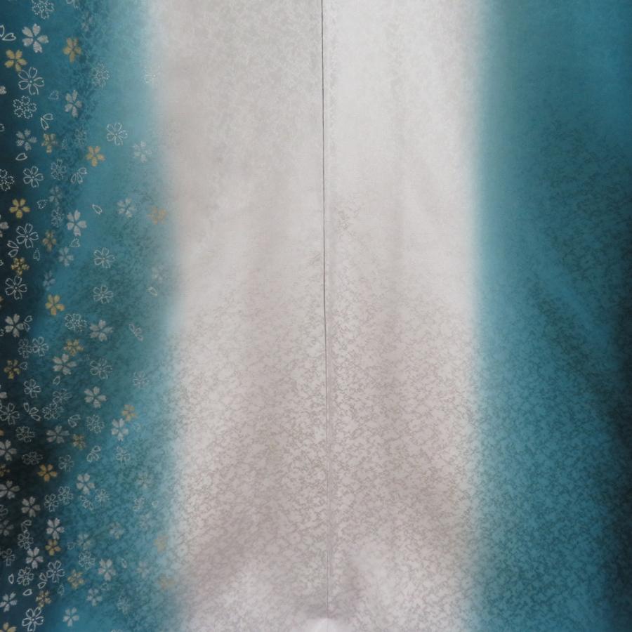 訪問着 ターコイズブルーxグレー ぼかし染め 小桜模様 箔入り 余り布