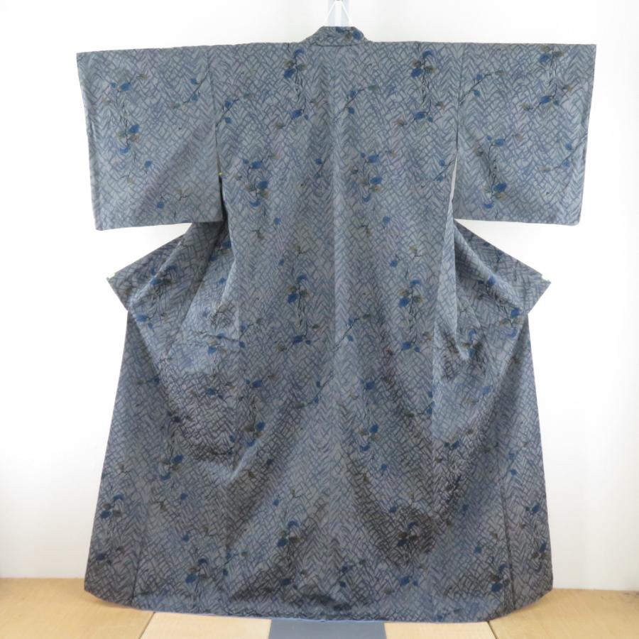 紬 着物 茶屋辻紬 作家物 伊織 グレーブルー 植物模様 袷 広衿 正絹