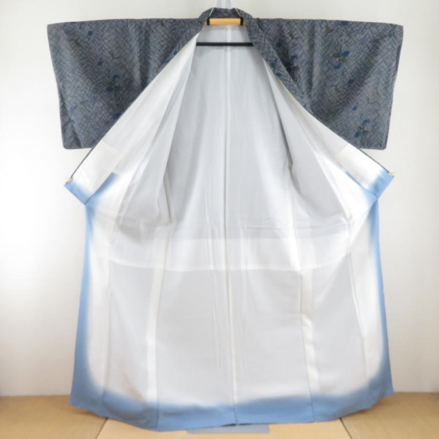 紬 着物 茶屋辻紬 作家物 伊織 グレーブルー 植物模様 袷 広衿 正絹