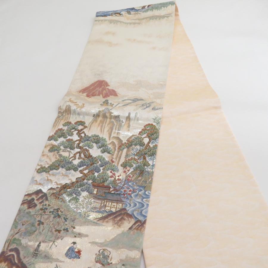 袋帯 正絹 昇運十福図文様 ベージュ色x多色 金糸銀糸 六通柄 壱千八百