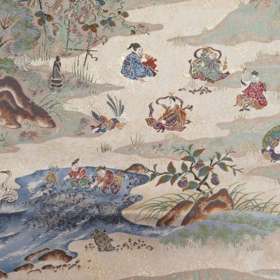 袋帯 正絹 昇運十福図文様 ベージュ色x多色 金糸銀糸 六通柄 壱千八百