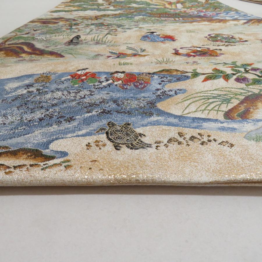 袋帯 正絹 昇運十福図文様 ベージュ色ｘ多色 金糸銀糸 六通柄 壱千八百織 フォーマル 仕立て上がり 長さ448cm 【キモノオフ野々市若松店】 袋帯 正絹 昇運十福図文様 ベージュ色x多色 金糸銀糸 六通柄 壱千八百