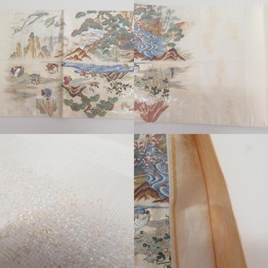袋帯 正絹 昇運十福図文様 ベージュ色ｘ多色 金糸銀糸 六通柄 壱千八百織 フォーマル 仕立て上がり 長さ448cm 【キモノオフ野々市若松店】 袋帯 正絹 昇運十福図文様 ベージュ色x多色 金糸銀糸 六通柄 壱千八百