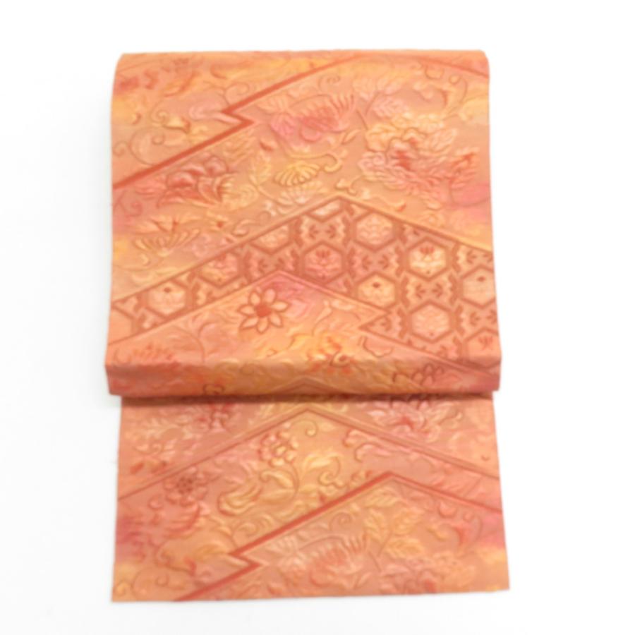 名古屋帯 オレンジ色 切嵌模様 名古屋仕立て 仕立て上がり 着物帯 長さ