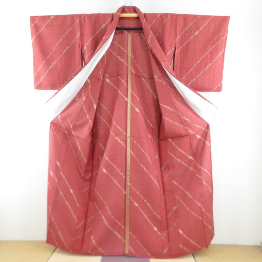 紬 着物 格子に燕模様 茶色 正絹 袷 広衿 カジュアル 仕立て上がり着物 
