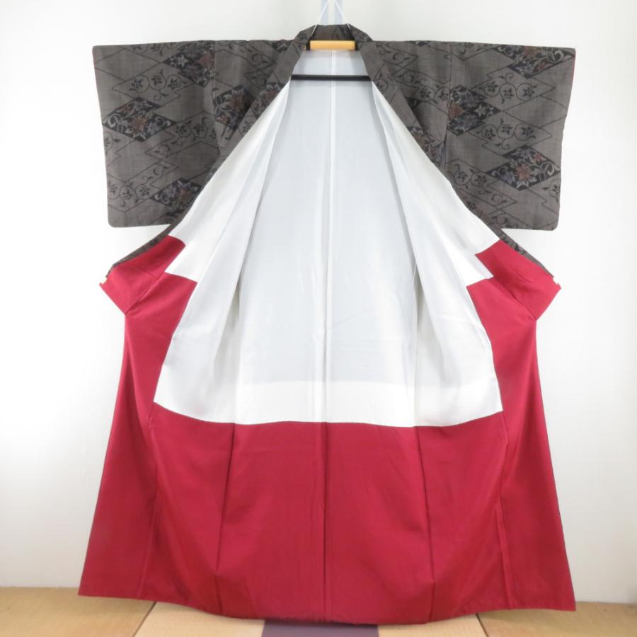 紬 着物 大島紬 稲妻に花模様 茶色x黒色x薄青色 袷 広衿 正絹