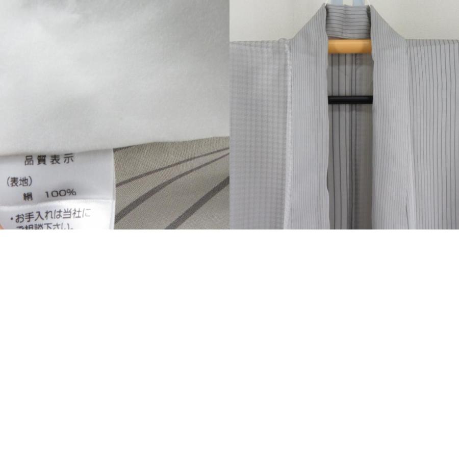 小紋 片身変わり 縞模様x千鳥格子模様 グレー 単衣 広衿 正絹 仕立て