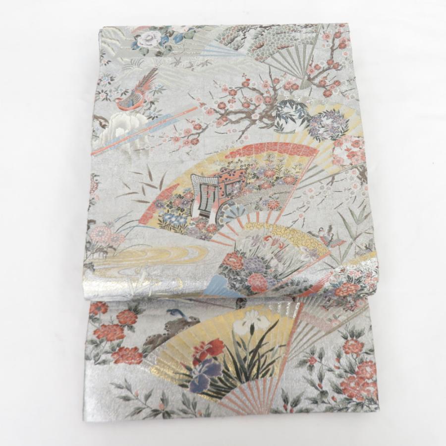 西陣織 袋帯 西陣あさぎ謹製 桃山扇面屏風文 両面全通総絵図 緑金色 