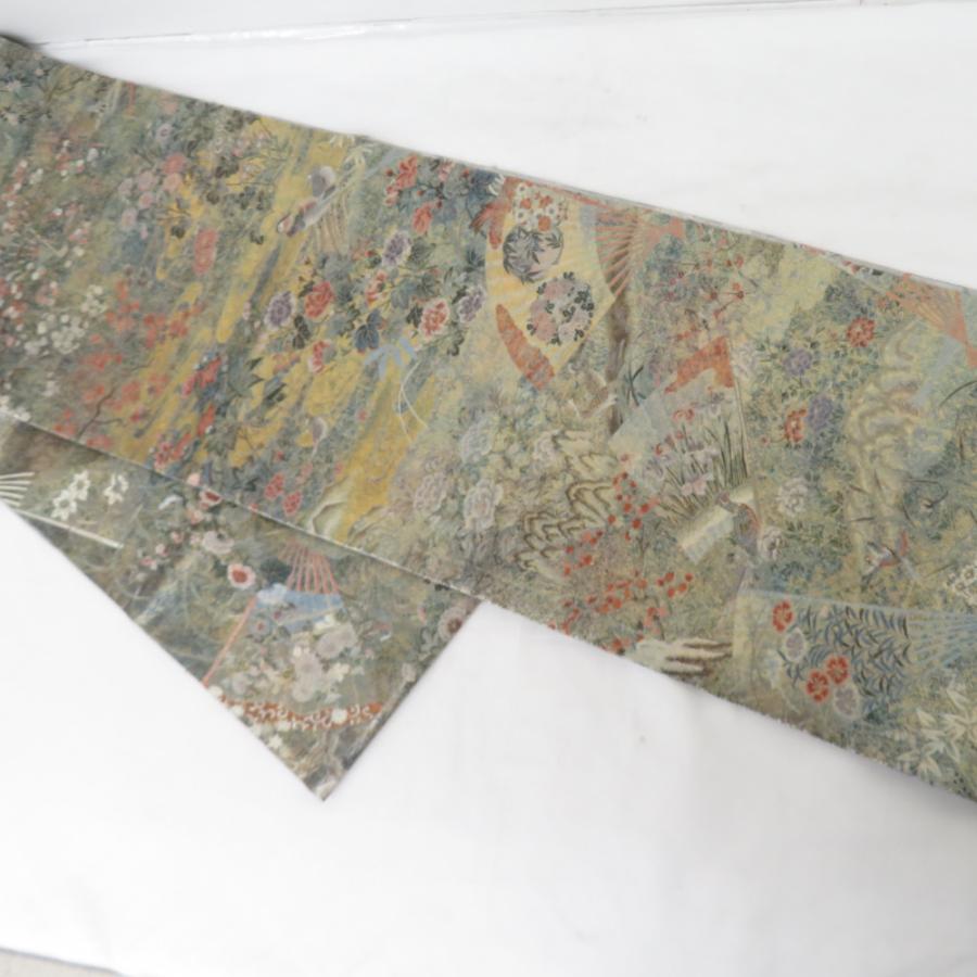 西陣織 袋帯 西陣あさぎ謹製 桃山扇面屏風文 両面全通総絵図 緑金色 