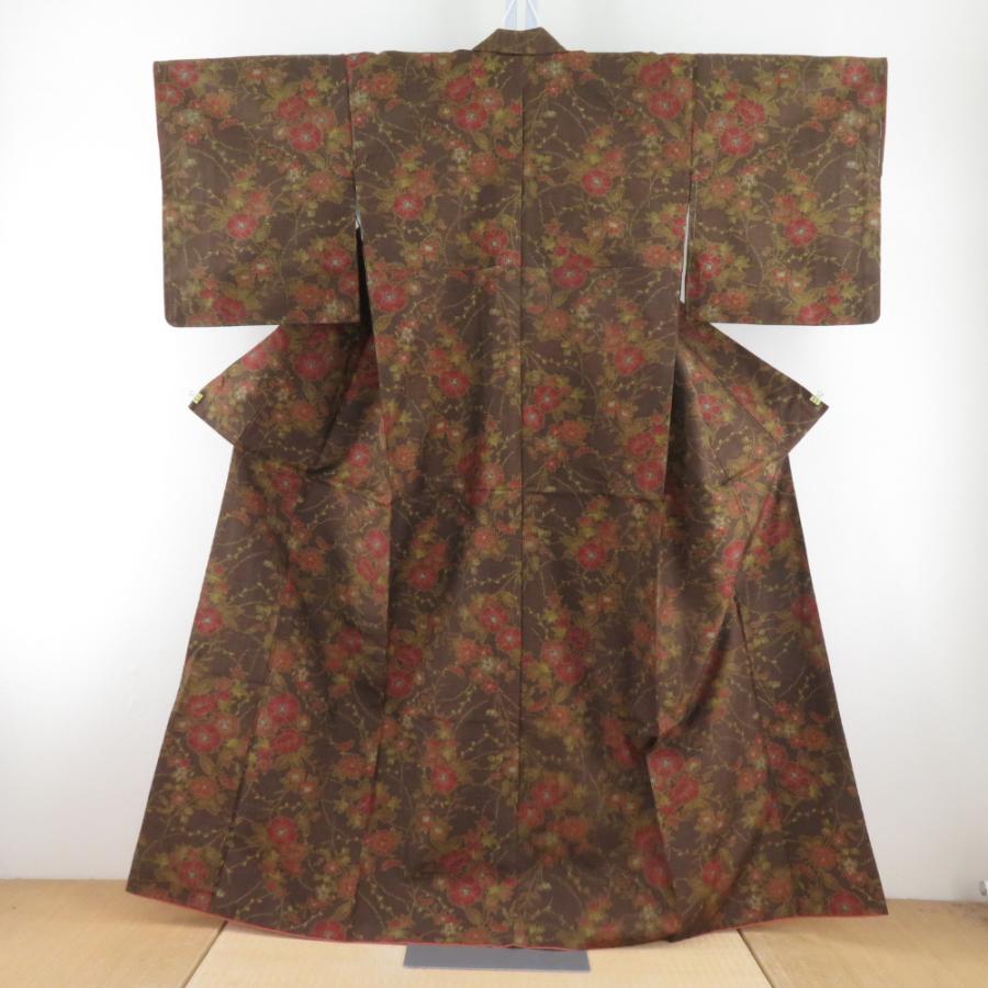 紬 着物 茶色x辛子色x赤オレンジ 花模様 袷 広衿 正絹 仕立て 紬 着物 茶色x辛子色x赤オレンジ 花模様 袷 広衿 正絹 仕立て