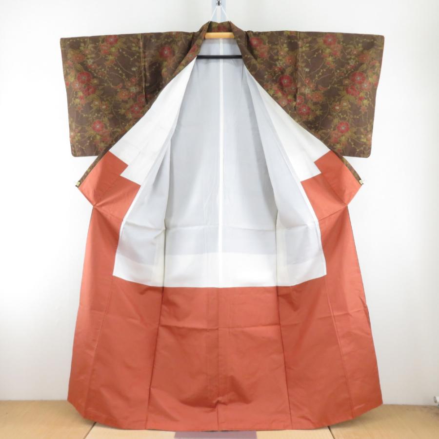 紬 着物 茶色x辛子色x赤オレンジ 花模様 袷 広衿 正絹 仕立て 紬 着物 茶色x辛子色x赤オレンジ 花模様 袷 広衿 正絹 仕立て