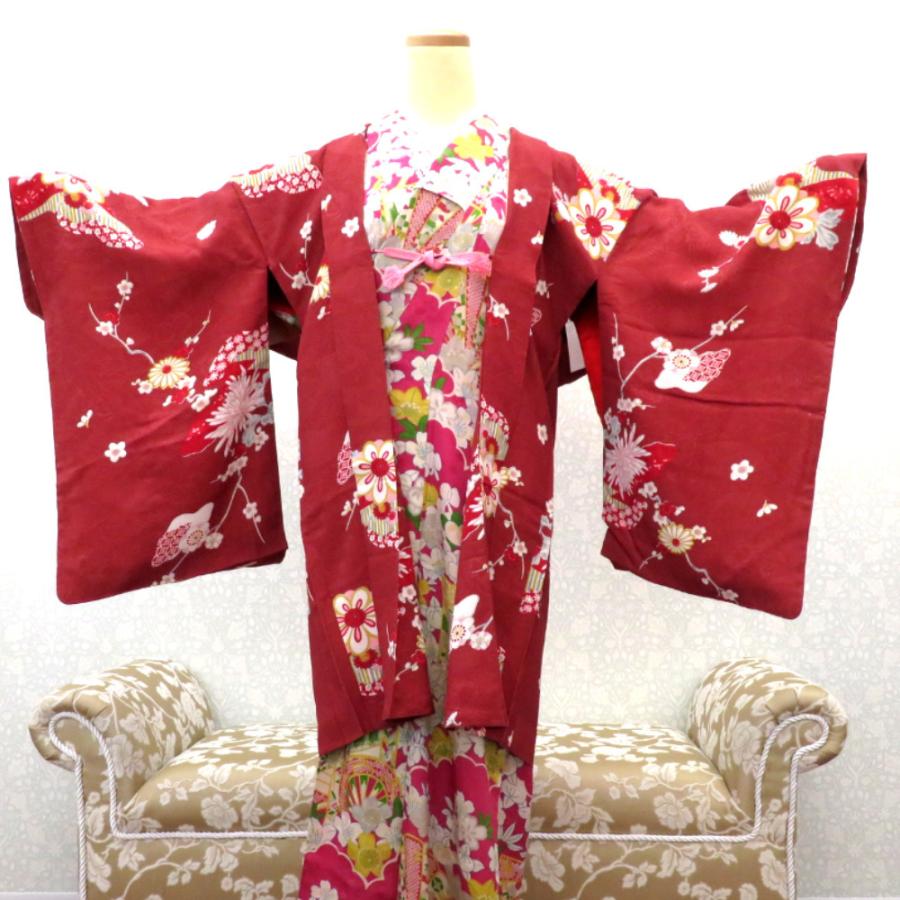 羽織 アンティーク 昔羽織 昔 長羽織 正絹 茶 多色 さや型 地紙文 花