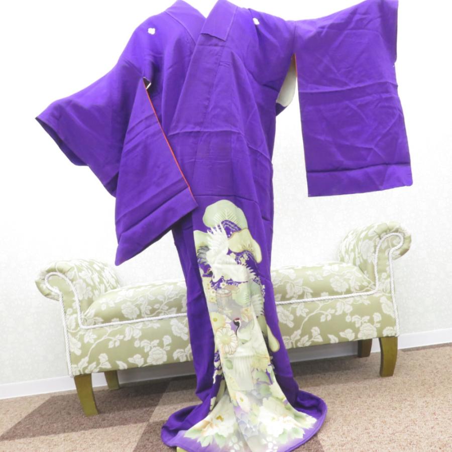 色留袖 両褄 昔 アンティーク 昔着物 紫 白 多色 貝桶 鶴 宝模様 花々