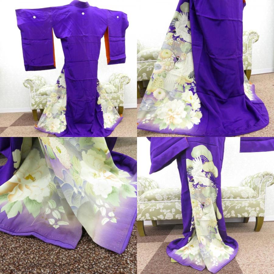 色留袖 両褄 昔 アンティーク 昔着物 紫 白 多色 貝桶 鶴 宝模様 花々 広衿 正絹 昔きもの レトロ 明治・大正ロマン  身丈151.5cm 【キモノオフ野々市若松店】 色留袖 両褄 昔 アンティーク 昔着物 紫 白 多色 貝桶 鶴 宝模様 花々