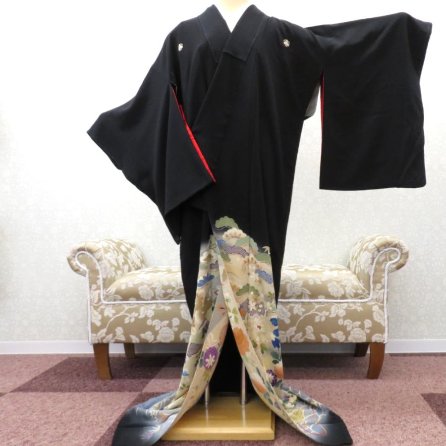 黒留袖 アンティーク 昔着物 正絹 黒 多色 金 扇 鼓 花々 宝文様 刺繍 裾綿入 シミあり 昔 レトロ 明治・大正ロマン  身丈161cm 黒留袖 アンティーク 昔着物 正絹 黒 多色 金 扇 鼓 花々 宝文様 刺繍