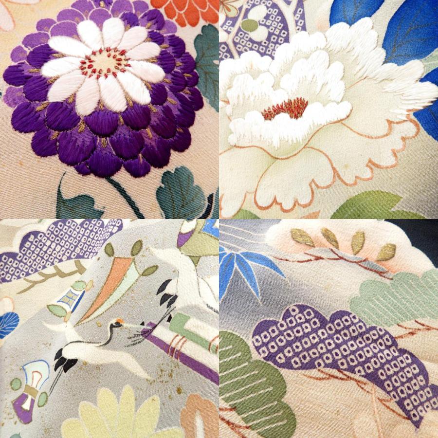 黒留袖 アンティーク 昔着物 正絹 黒 多色 金 扇 鼓 花々 宝文様 刺繍