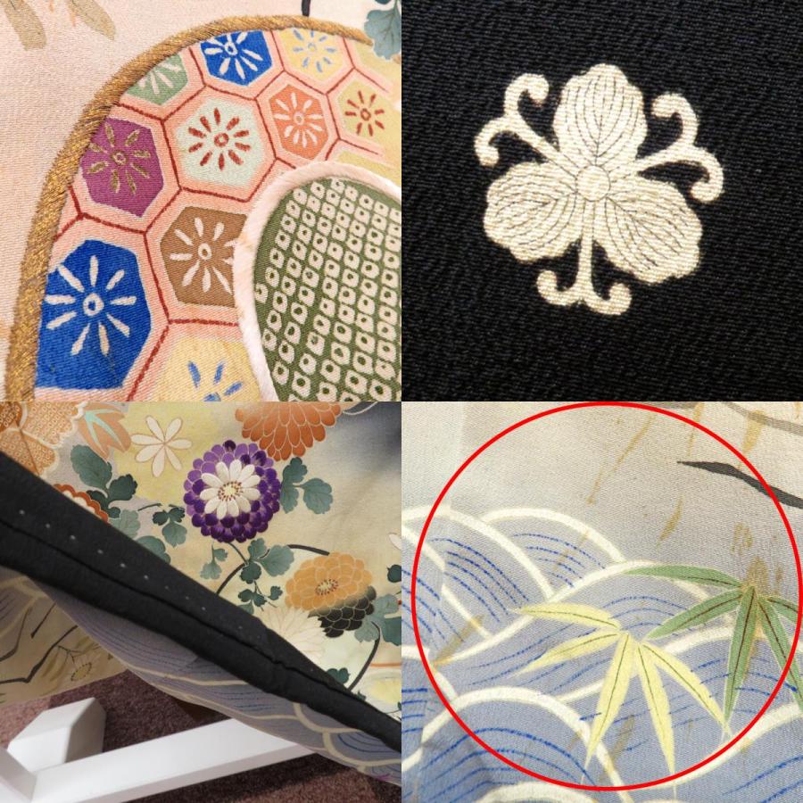 黒留袖 アンティーク 昔着物 正絹 黒 多色 金 扇 鼓 花々 宝文様 刺繍 裾綿入 シミあり 昔 レトロ 明治・大正ロマン  身丈161cm 黒留袖 アンティーク 昔着物 正絹 黒 多色 金 扇 鼓 花々 宝文様 刺繍