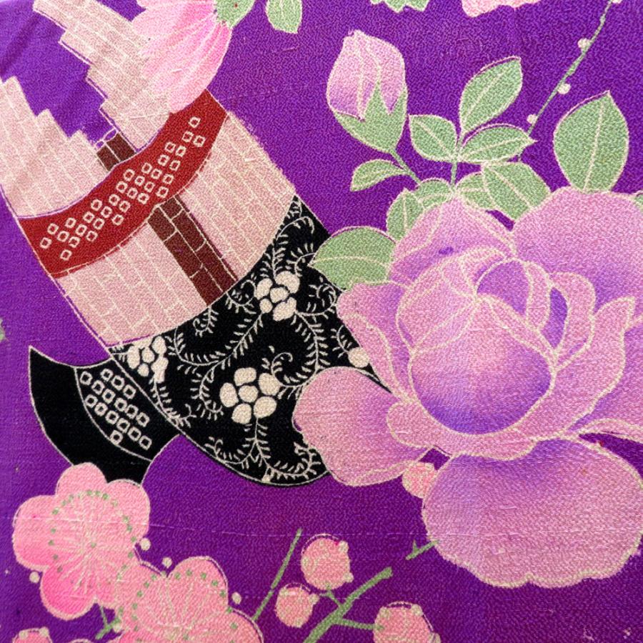 襦袢 昔 長襦袢 アンティーク バチ衿 正絹 紫 多色 和楽器 花々 紅絹