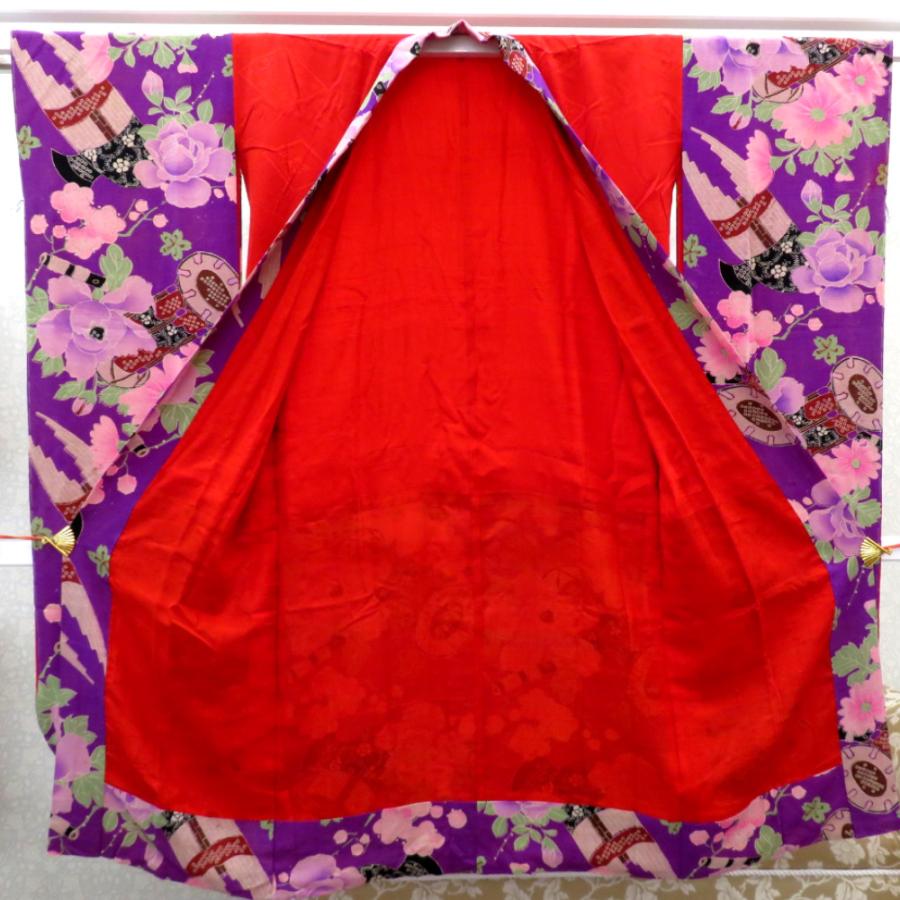 襦袢 昔 長襦袢 アンティーク バチ衿 正絹 紫 多色 和楽器 花々 紅絹 地模様 錦紗縮緬 レトロ 振袖用 明治・大正ロマン 身丈129.5cm 【キモノオフ野々市若松店】 襦袢 昔 長襦袢 アンティーク バチ衿 正絹 紫 多色 和楽器 花々 紅絹