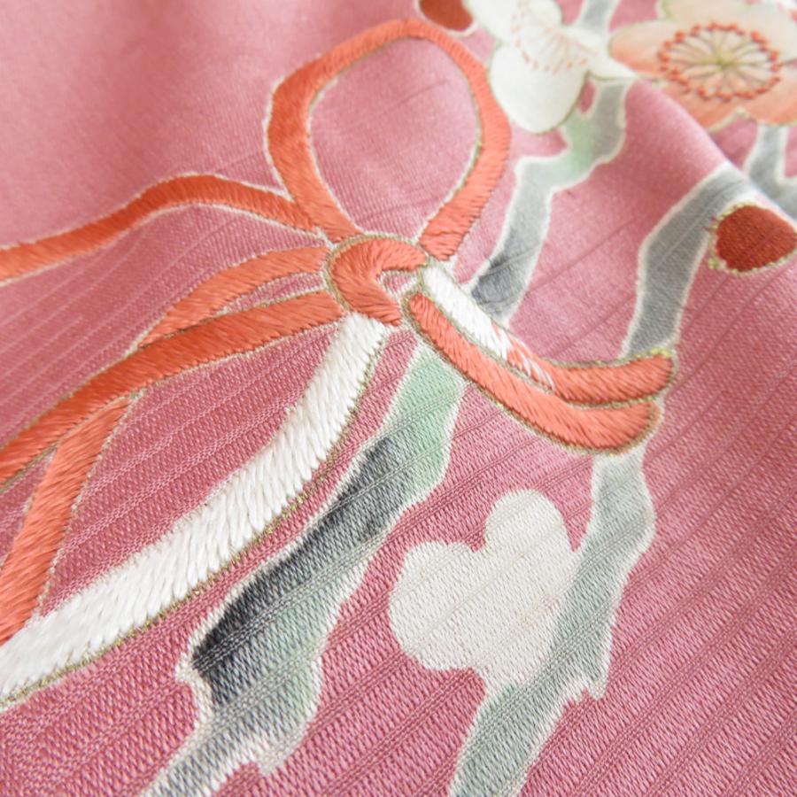 訪問着 アンティーク 菊に牡丹文様 袷 バチ衿 紋なし 正絹 箔 刺繍 桃 