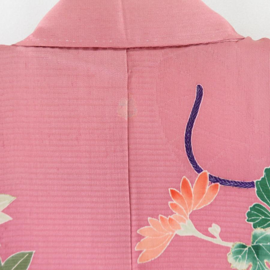 訪問着 アンティーク 菊に牡丹文様 袷 バチ衿 紋なし 正絹 箔 刺繍 桃 