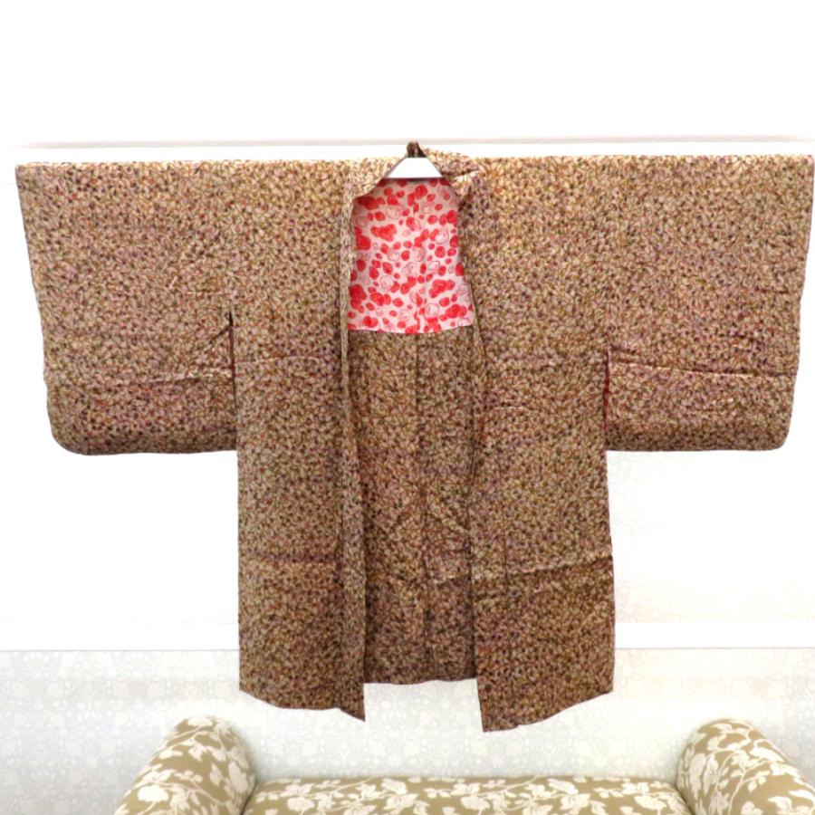 羽織 アンティーク 昔長羽織 正絹 ベージュ 薄紫 黄土色 赤 黒 緑 植物 紅白達磨 昔 レトロモダン 明治・大正ロマン ちりよけ 上着 身丈85.5cm 【キモノオフ野々市若松店】 羽織 アンティーク 昔長羽織 正絹 ベージュ 薄紫 黄土色 植物 紅白達磨