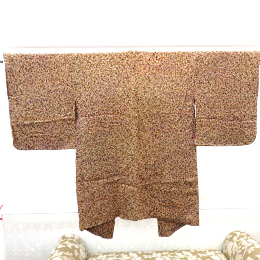 羽織 アンティーク 昔長羽織 正絹 ベージュ 薄紫 黄土色 植物 紅白達磨