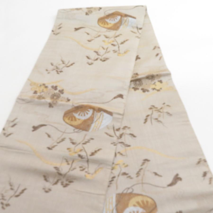 丸帯 アンティーク 絹 風景に文箱文様 金糸 薄茶色ｘ茶色ｘゴールド 全通 仕立上がり レトロ 明治・大正ロマン 昔着物用帯 長さ395cm 【キモノオフ野々市若松店】 丸帯 アンティーク 絹 風景に文箱文様 金糸 薄茶色x茶色xゴールド 全