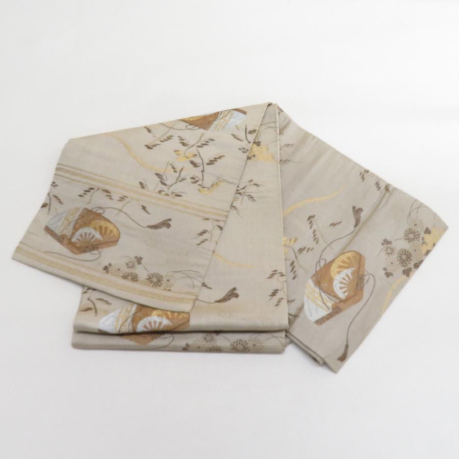 丸帯 アンティーク 絹 風景に文箱文様 金糸 薄茶色x茶色xゴールド 全