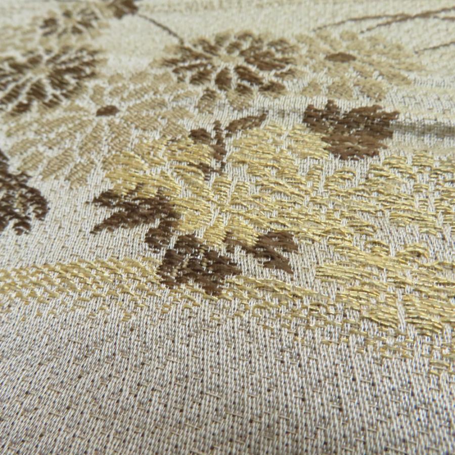 丸帯 アンティーク 絹 風景に文箱文様 金糸 薄茶色x茶色xゴールド 全