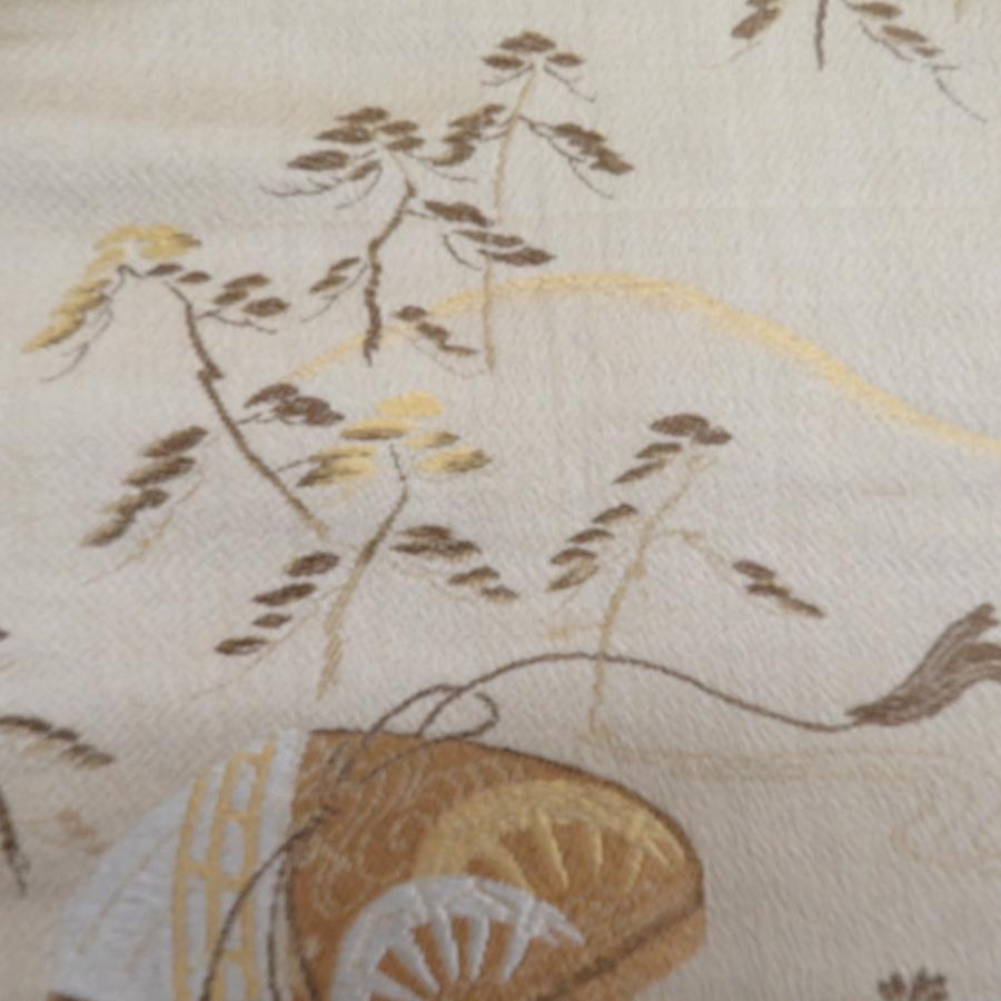 丸帯 アンティーク 絹 風景に文箱文様 金糸 薄茶色x茶色xゴールド 全