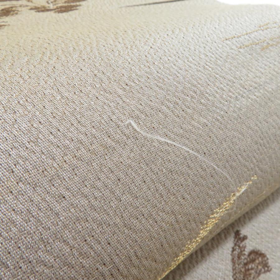 丸帯 アンティーク 絹 風景に文箱文様 金糸 薄茶色x茶色xゴールド 全