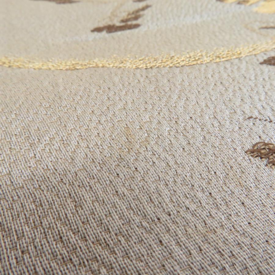 丸帯 アンティーク 絹 風景に文箱文様 金糸 薄茶色x茶色xゴールド 全