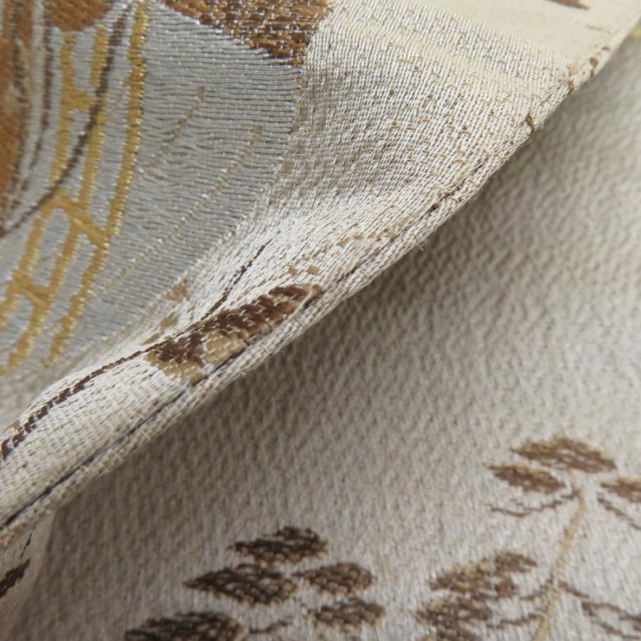 レトロ　全通　丸帯　589 丸帯 アンティーク 絹 風景に文箱文様 金糸 薄茶色x茶色xゴールド 全