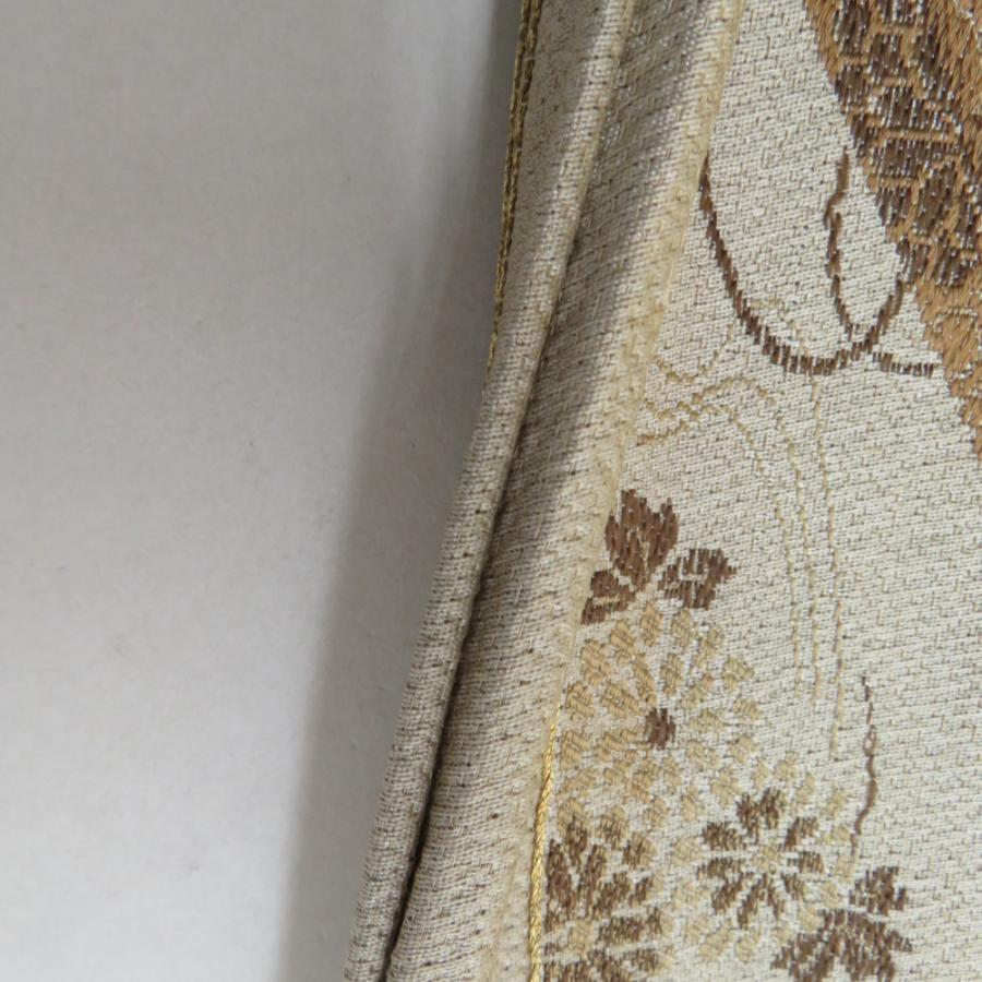 丸帯 アンティーク 絹 風景に文箱文様 金糸 薄茶色x茶色xゴールド 全