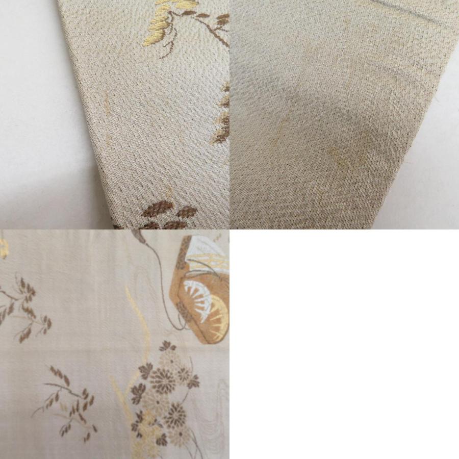 丸帯 アンティーク 絹 風景に文箱文様 金糸 薄茶色x茶色xゴールド 全