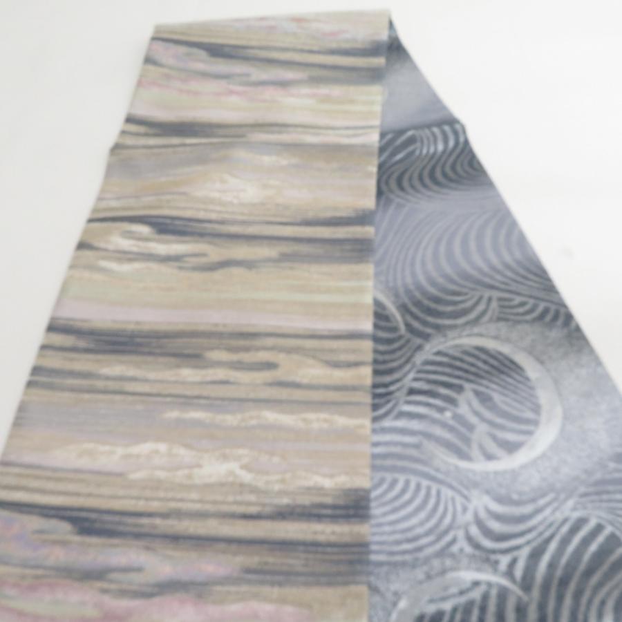 袋帯 双全通撚金華山 正絹 モール織り リバーシブル 高級 銀糸 グレー