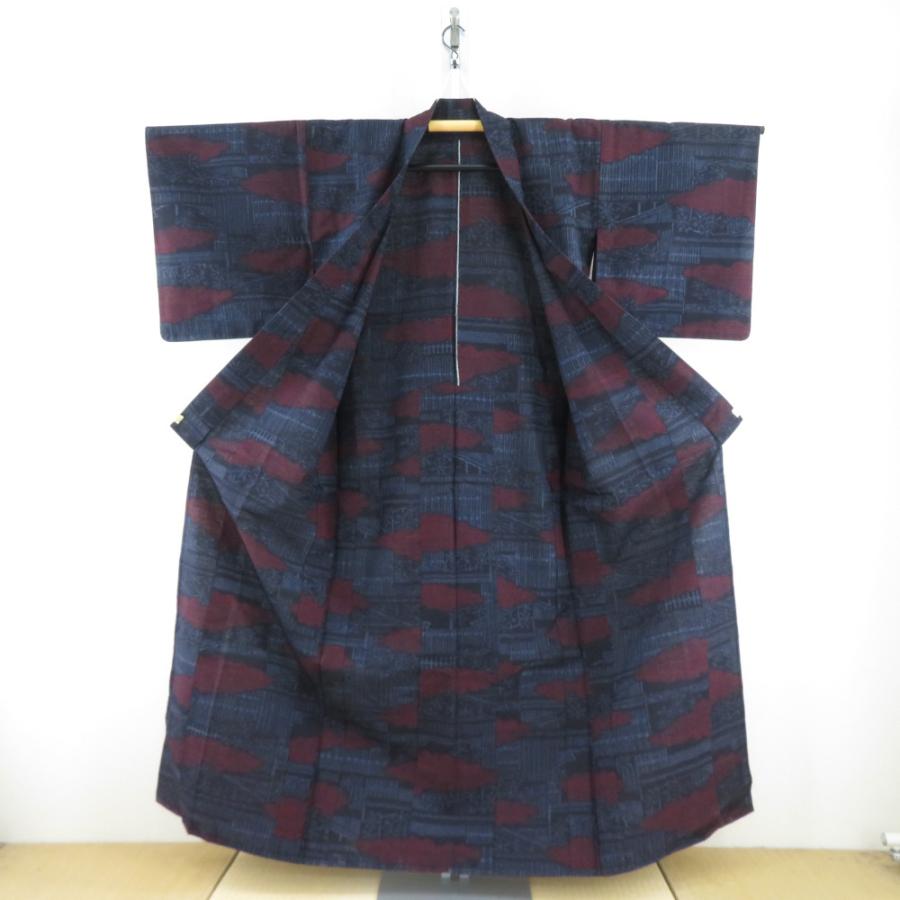 紬 着物 単衣 紺色x赤色 雲取り模様 バチ衿 正絹 仕立て上がり着物