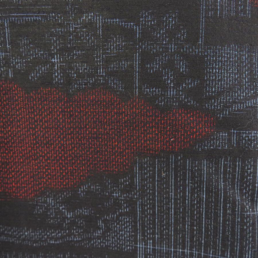 紬 着物 単衣 紺色x赤色 雲取り模様 バチ衿 正絹 仕立て上がり着物