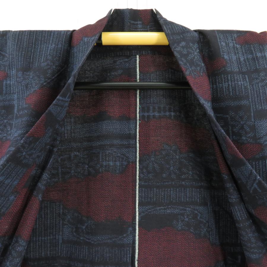 紬 着物 単衣 紺色x赤色 雲取り模様 バチ衿 正絹 仕立て上がり着物