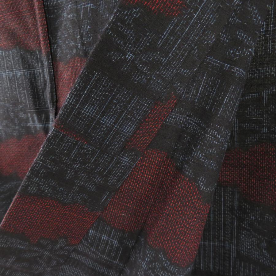 紬 着物 単衣 紺色x赤色 雲取り模様 バチ衿 正絹 仕立て上がり着物