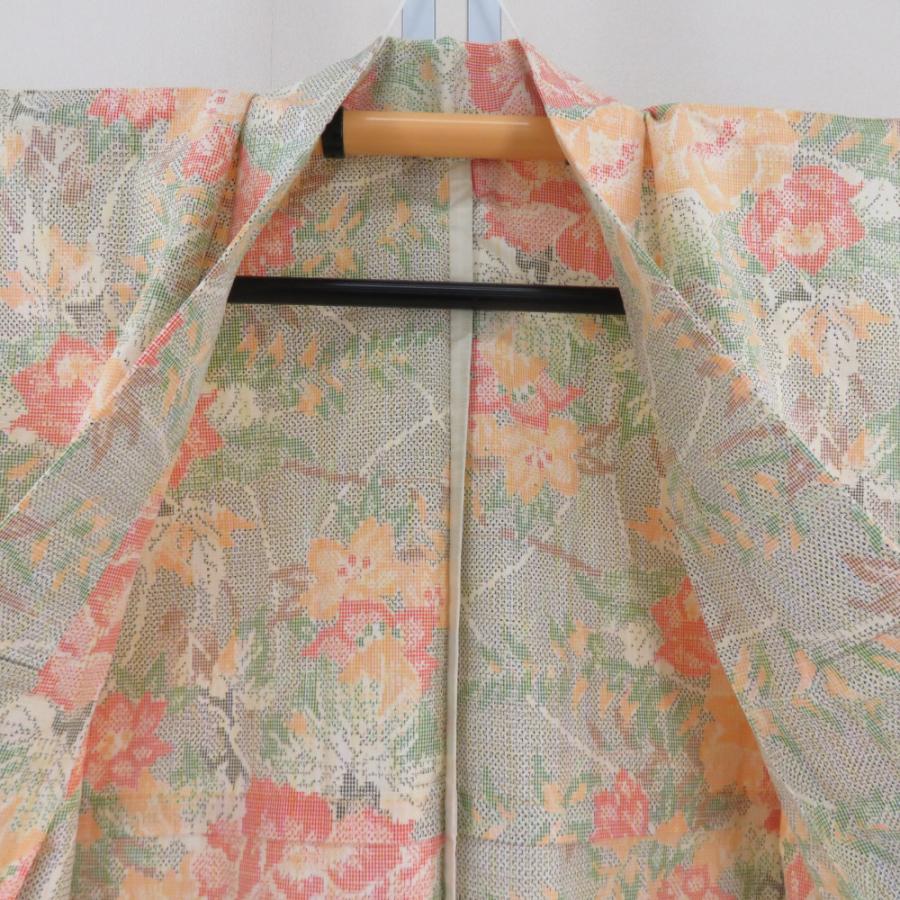 紬 着物 単衣 花模様 緑色x黄色 バチ衿 正絹 仕立て上がり着物 身丈